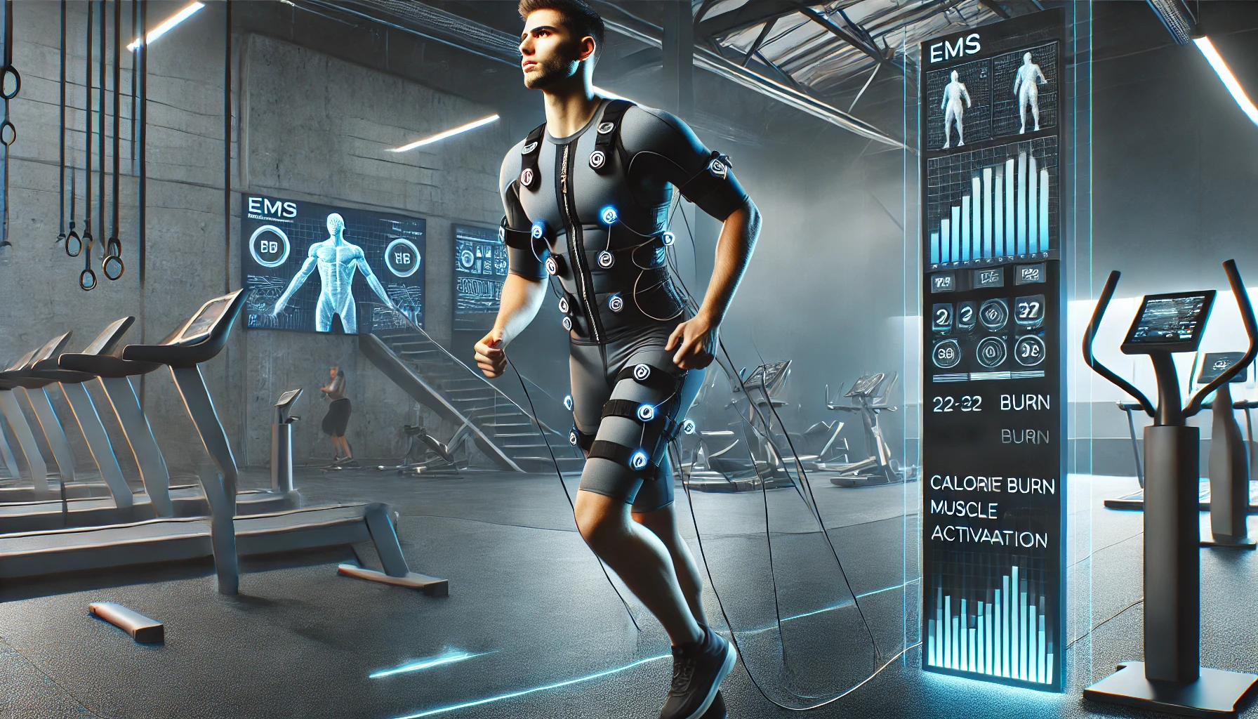 A modern gym setting featuring a man undergoing EMS (Electrical Muscle Stimulation) training with a suit equipped with electrodes.